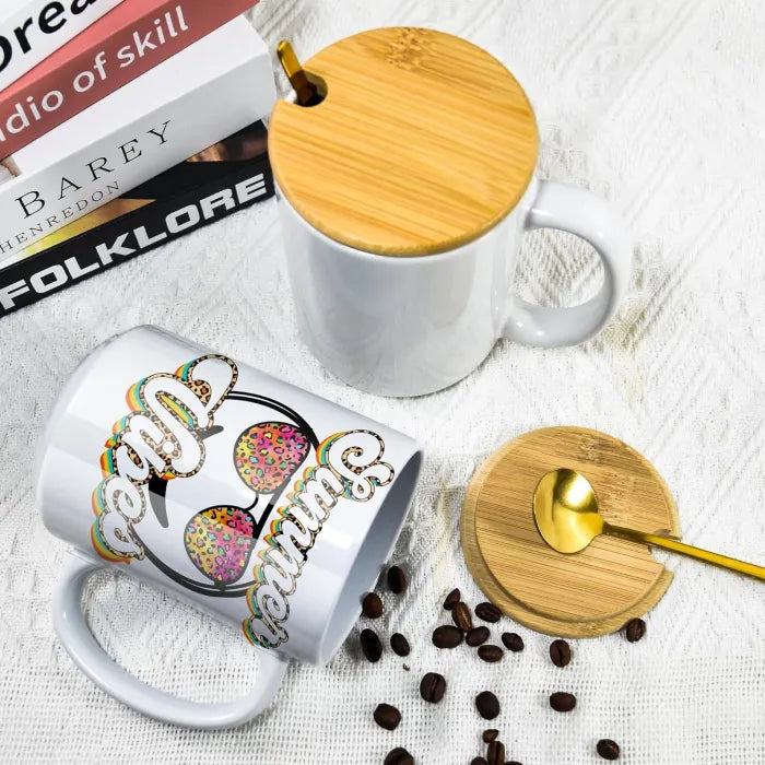 Coffee mugs with bamboo lids and stainless spoons