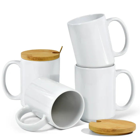 Coffee mugs with bamboo lids and stainless spoons